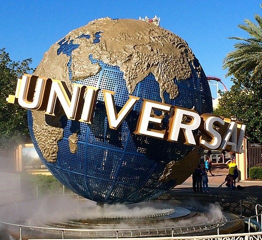 Universal Theme Park iconic rotating globe entrance with mist fountain.