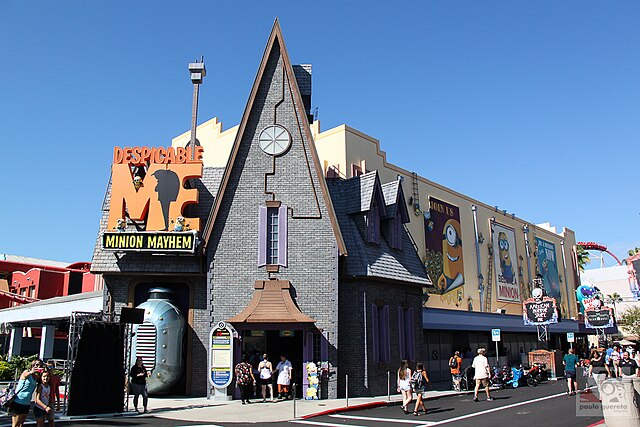 Entrance to Despicable Me Minion Mayhem ride at Universal Studios theme park.