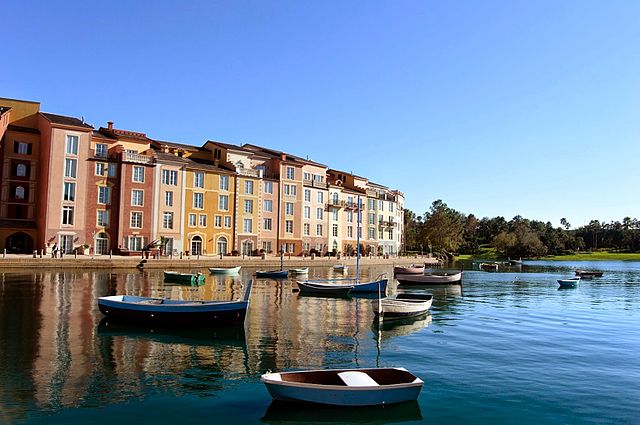 Portofino Bay Hotel at Universal Orlando boats on the water, often called one of the best universal studio hotels in orlando for vacations.