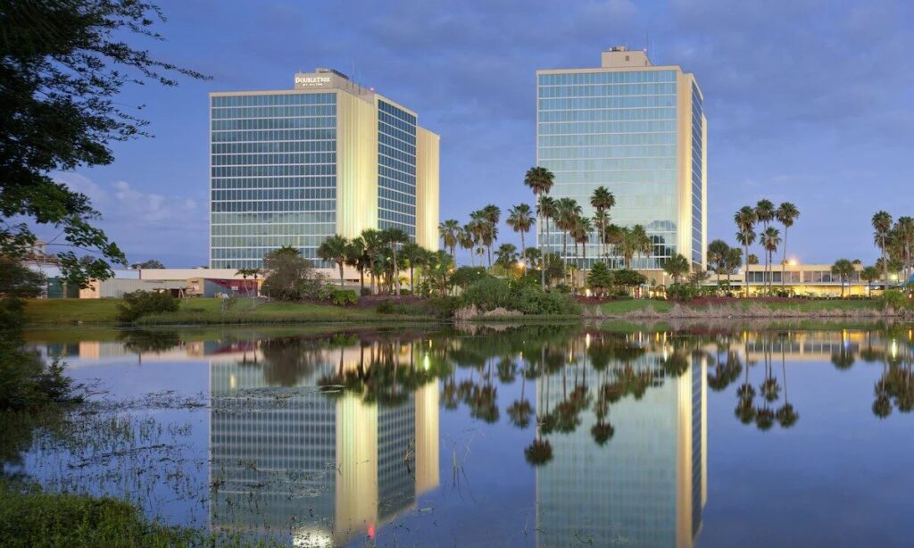 DoubleTree by Hilton located at the entrance to Universal Studios in Orlando, Florida, showcasing its elegant facade.