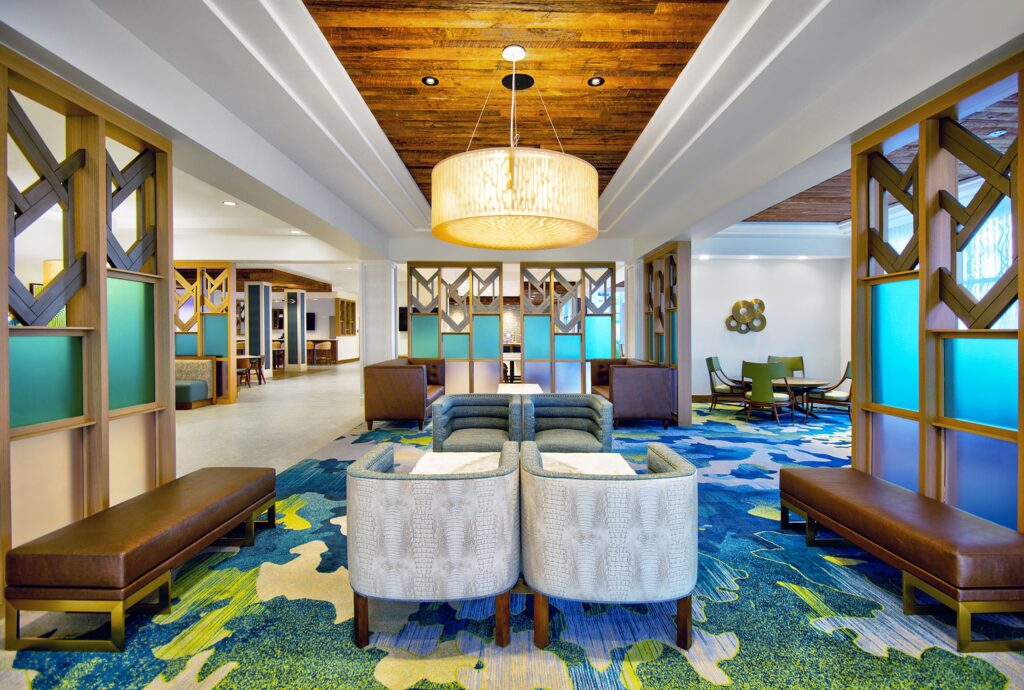 Fairfield Suite lobby, a favorite hotel close to Walt Disney World - Best Hotel Alt Text: Fairfield Suite lobby near Walt Disney World - Best Hotel