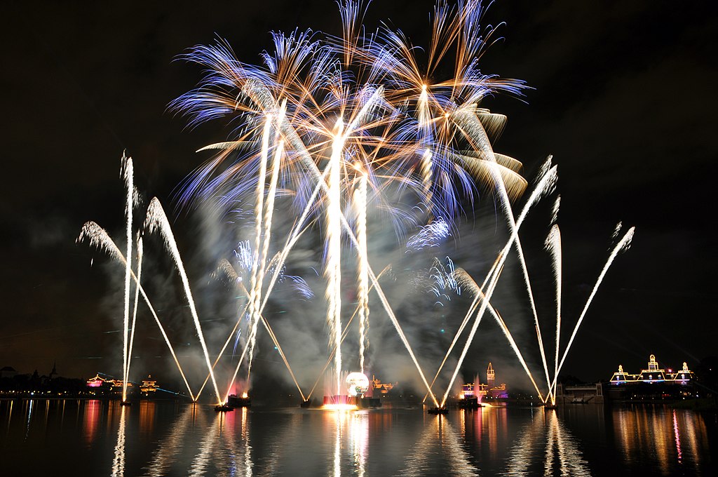 Fireworks at night over the lake at Epcot Center Disney World