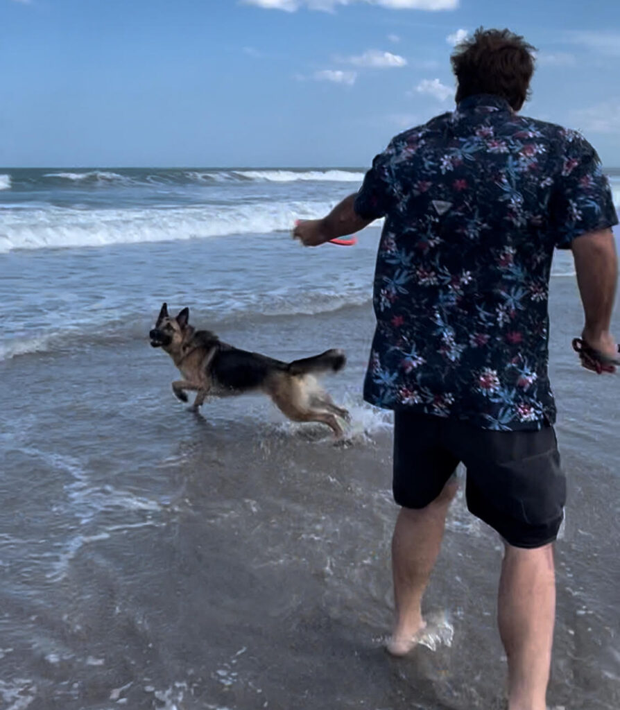 Person walking a dog along Cocoa Beach’s pet-friendly shoreline.