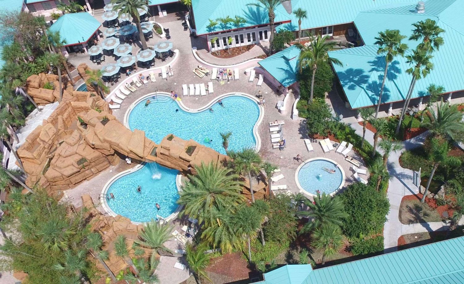 Aerial view of the grounds of Radisson's Resort at the Port pools and property.