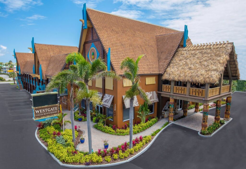 Exterior of Westgate Cocoa Beach Resort with tropical landscaping.