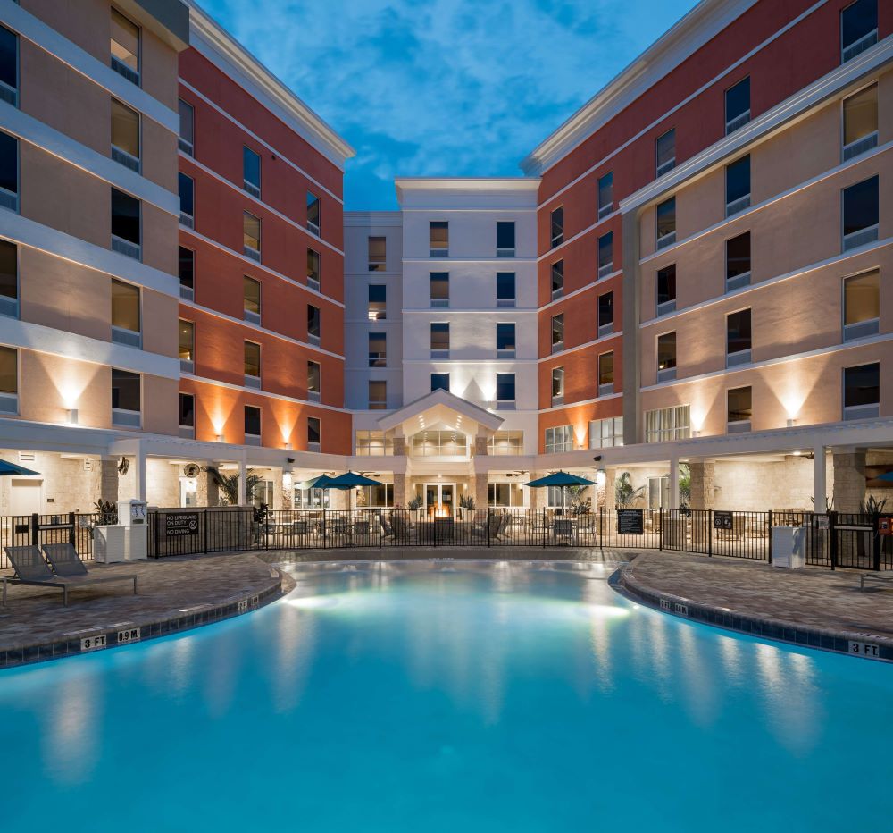 Hampton Inn Cape Canaveral with modern exterior, near rocket launch viewing spots on Florida's Space Coast.