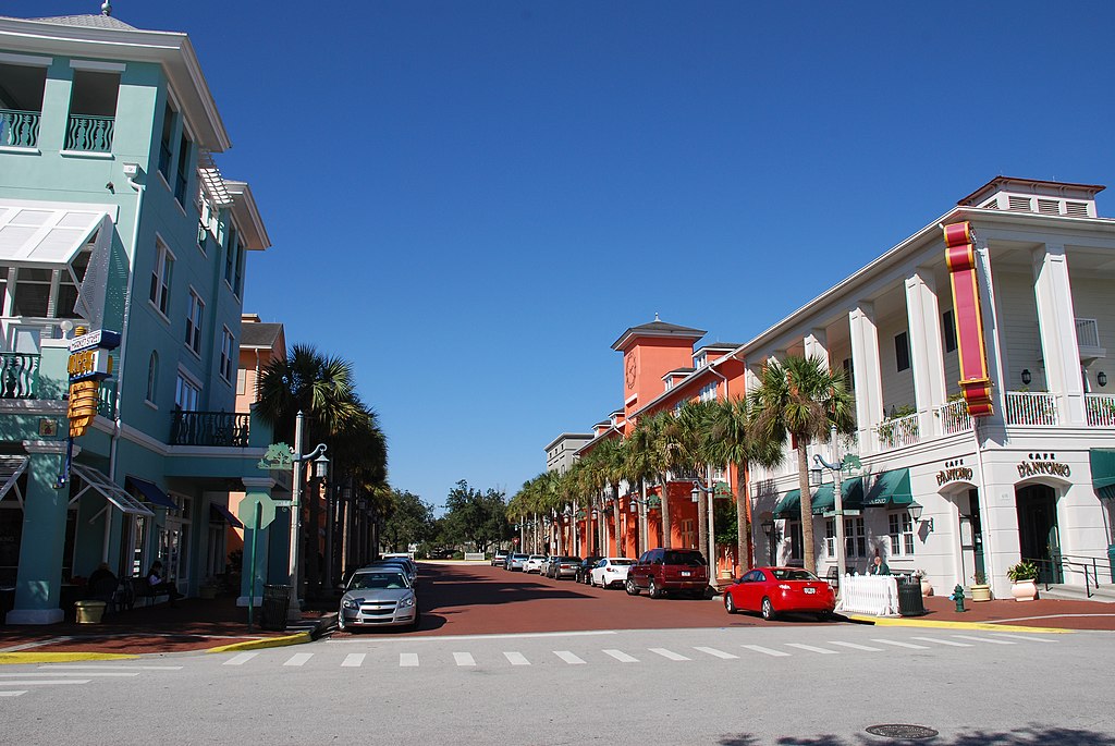 Image of main street from the town of Celebration, Florida, a favorite place for families who prefer to rent vacation rentals near disney world in florida.