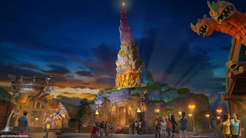 Concept art of Mead Hall in the Isle of Berk at Epic Universe, featuring Viking architecture, large wooden beams, and themed indoor dining area