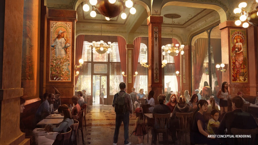 Concept art of Café L’Air De La Sirène in The Wizarding World – Ministry of Magic at Epic Universe, showing whimsical décor, magical ambiance, and elegant Parisian theme