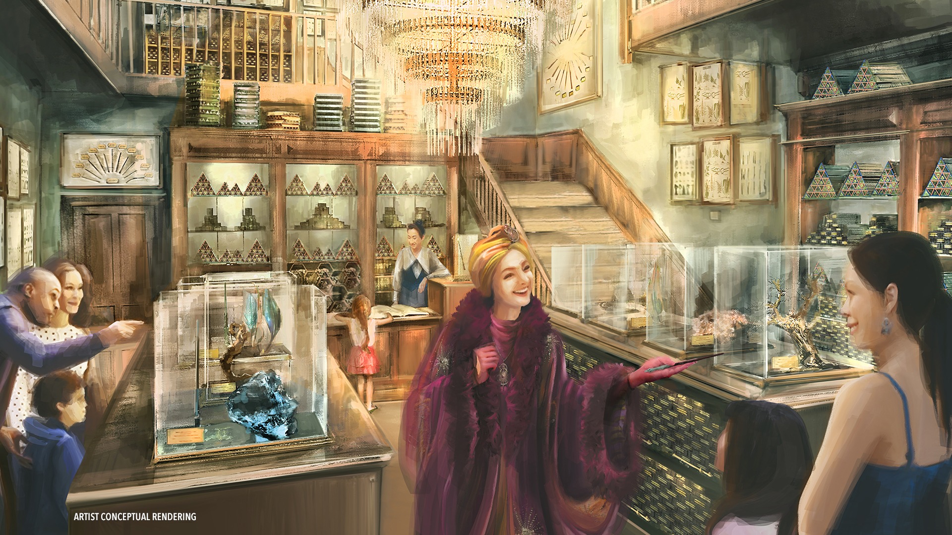 Concept art of Cosme Acajor Baguettes Magique wand shop in The Wizarding World – Ministry of Magic at Epic Universe, with magical interiors and ornate details