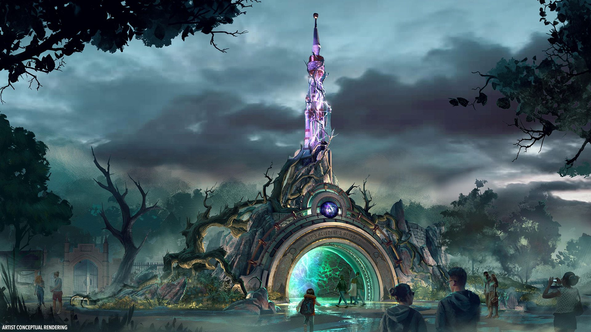 Artist rendering of Dark Universe land at Epic Universe, showing gothic architecture, moody lighting, and immersive theming inspired by Universal Monsters