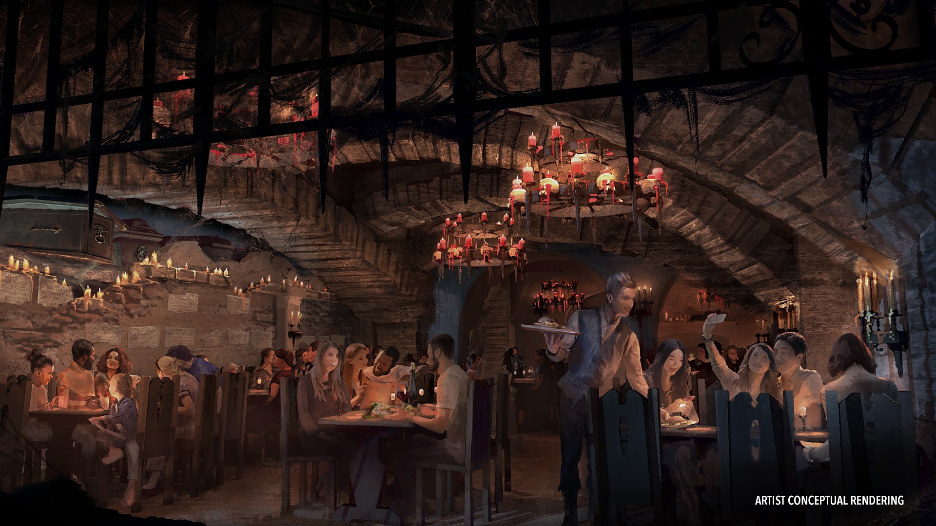 Artist rendering of Das Stakehaus restaurant in Dark Universe at Epic Universe, showing gothic vampire-themed dining space with medieval decor and candlelit ambiance