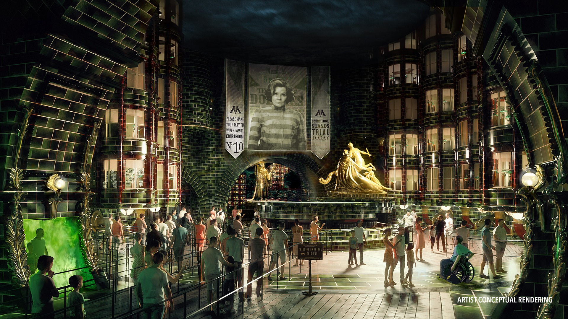 Alternate concept art of Harry Potter and the Battle at the Ministry ride at Epic Universe, showing interior theming and magical Ministry of Magic setting