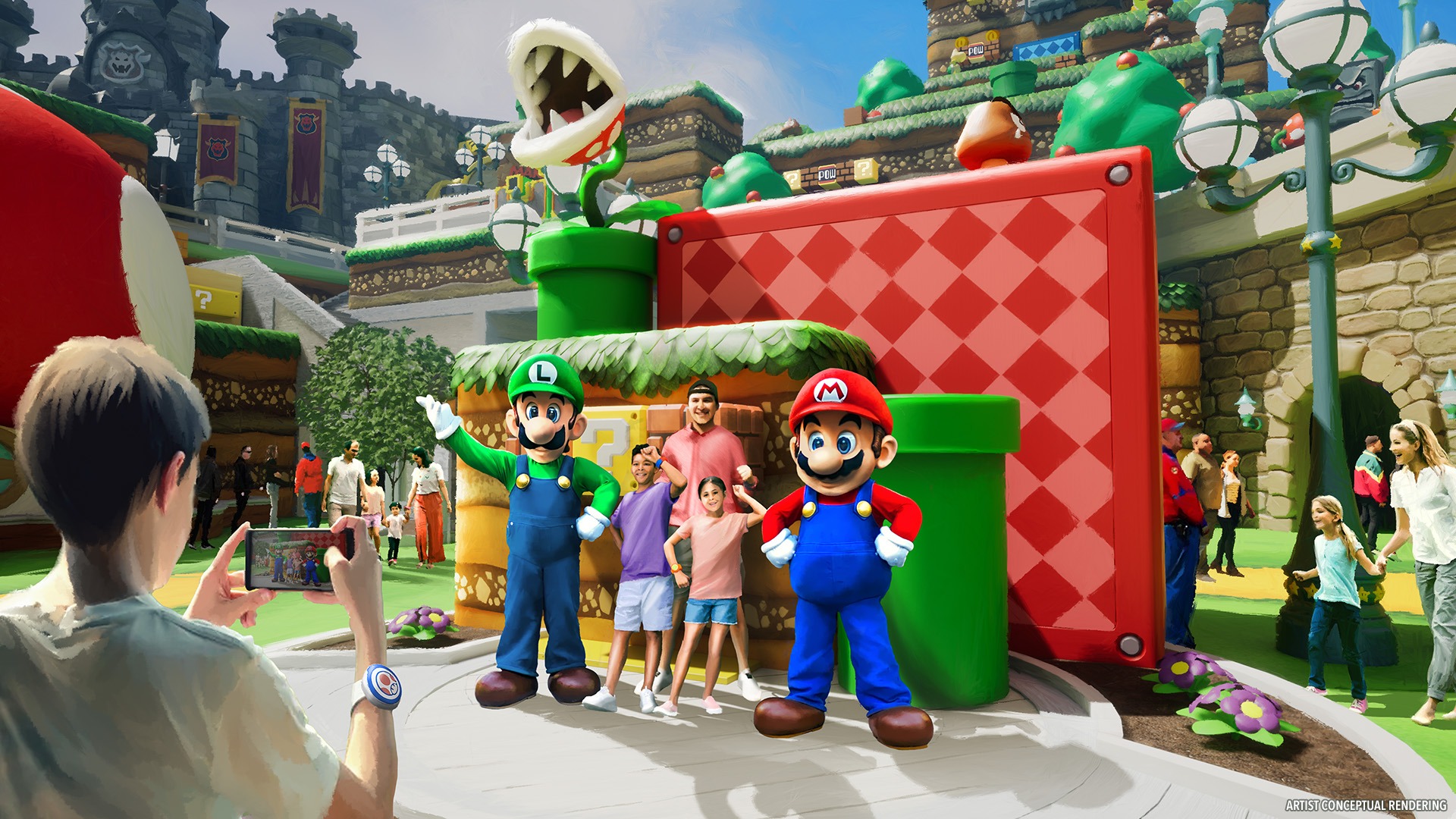 Concept art of Mario and Luigi character meet and greet in Super Nintendo World at Epic Universe, with guests posing in the Mushroom Kingdom environment