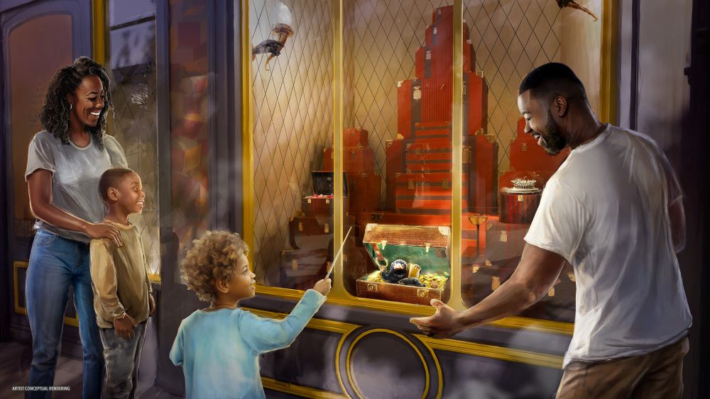 Concept art of Niffler-themed interactive wand experience in The Wizarding World – Ministry of Magic at Epic Universe, showing magical storefront and wand effects