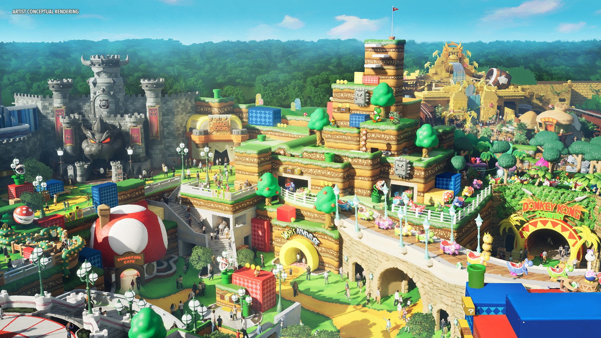 Bird’s-eye concept art of Super Nintendo World at Epic Universe, showing Mushroom Kingdom layout, Mario Kart, Yoshi’s Adventure, and Donkey Kong Country areas