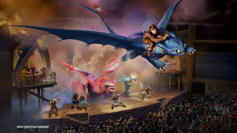 Concept art of The Untrainable Dragon stage show in the Isle of Berk at Epic Universe, featuring Viking characters and dragon puppetry in an outdoor theater