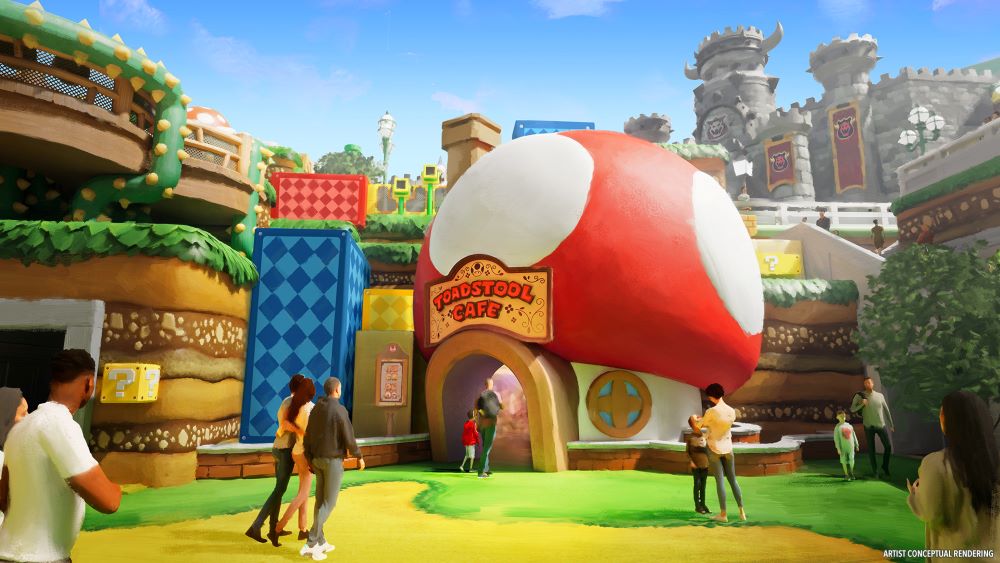 Artist rendering of Toadstool Café in Super Nintendo World at Epic Universe, featuring mushroom-themed dining area and Mario-themed character décor