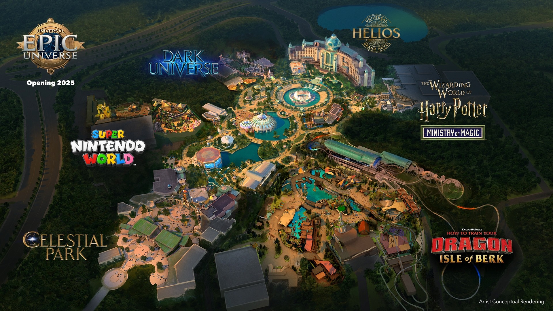 Bird’s-eye concept art of Universal Epic Universe showing the layout of Celestial Park and surrounding themed lands including Super Nintendo World and Ministry of Magic