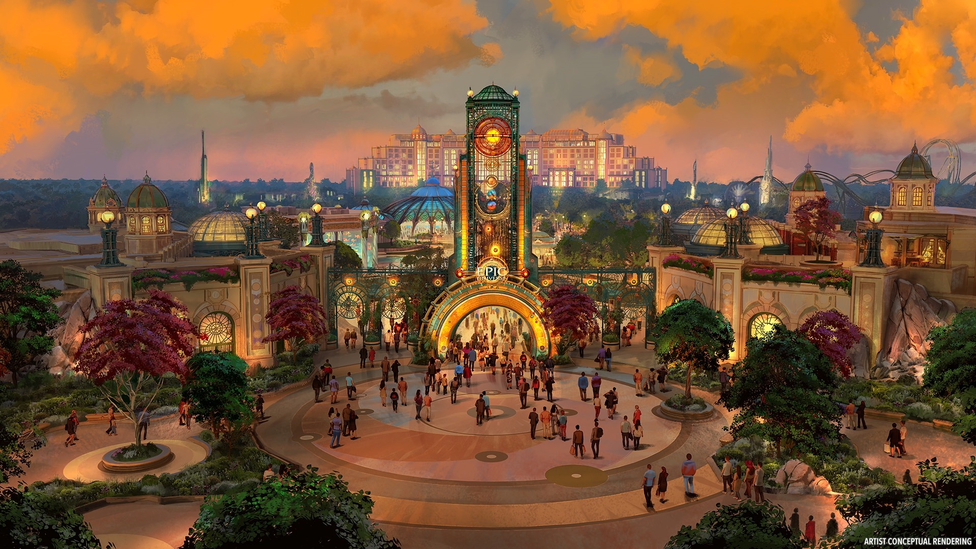 Concept art of the front entrance to Epic Universe at Universal Orlando, showing a grand futuristic gateway with celestial theming and glowing architecture