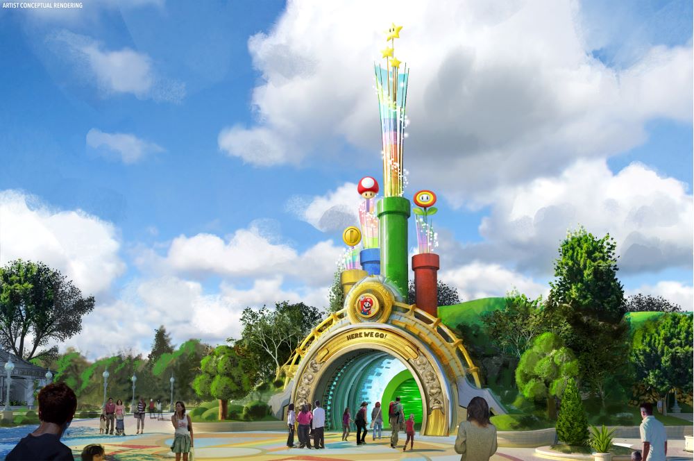 Concept art of the Super Nintendo World portal entrance in Celestial Park at Epic Universe, featuring the signature green warp pipe and Mushroom Kingdom theming
