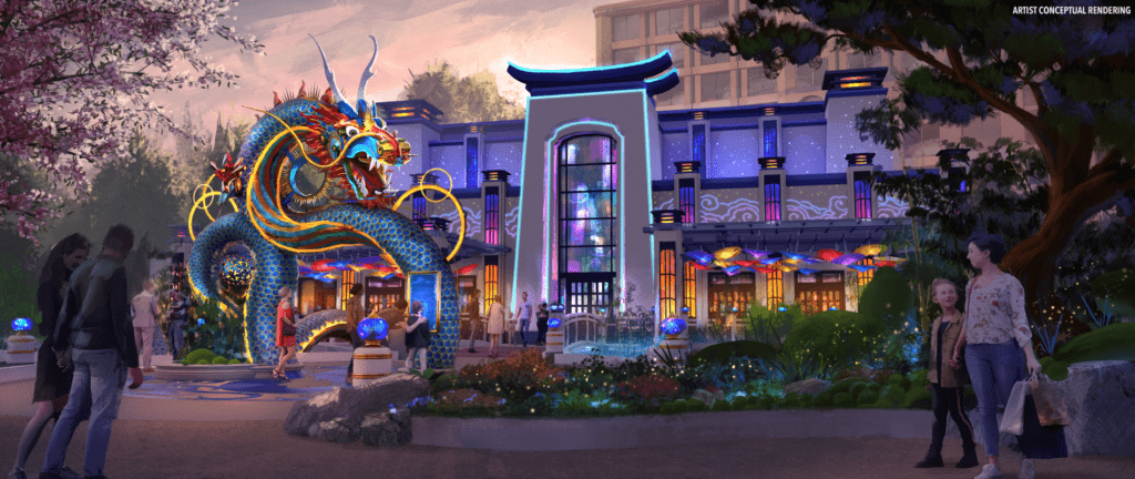 Concept art of The Blue Dragon Pan-Asian Restaurant at Epic Universe, with ornate dragon-themed interior and modern Asian-inspired decor