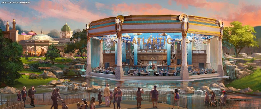 Concept art of Atlantic Restaurant in Celestial Park at Epic Universe, featuring elegant waterfront dining and modern architectural design