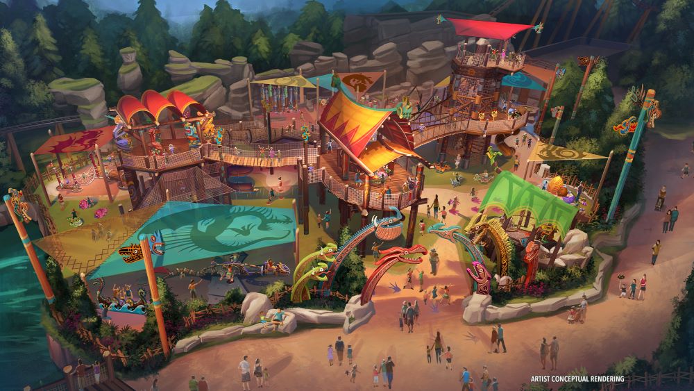 Concept art of Viking Training Camp play area at How to Train Your Dragon – Isle of Berk in Epic Universe, Universal Orlando