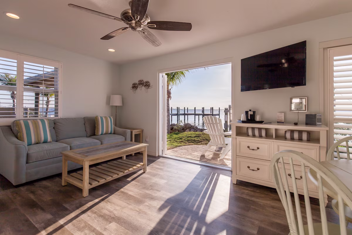 Guest room at Lost Inn Paradise in Cocoa Beach with open door view of the Banana River