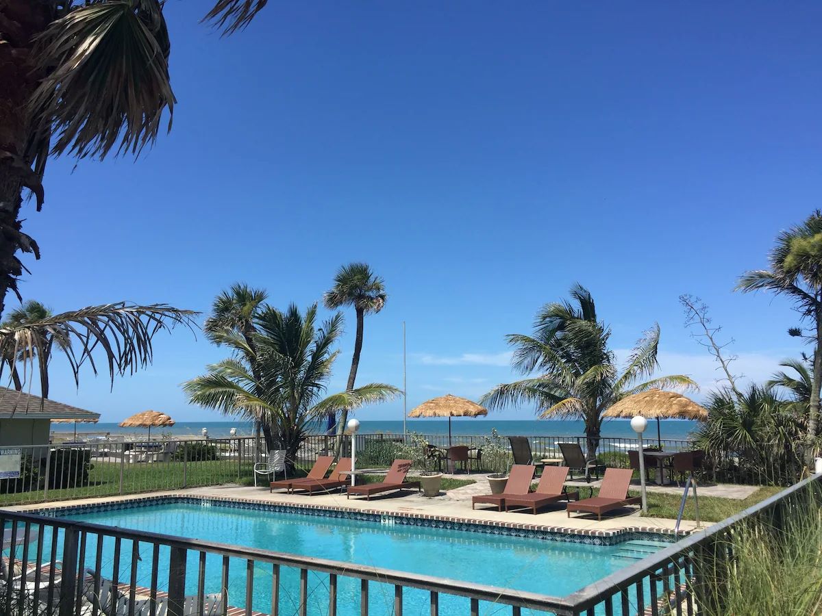 Exterior of Surf Studio Beach Resort in Cocoa Beach Florida with direct beach access