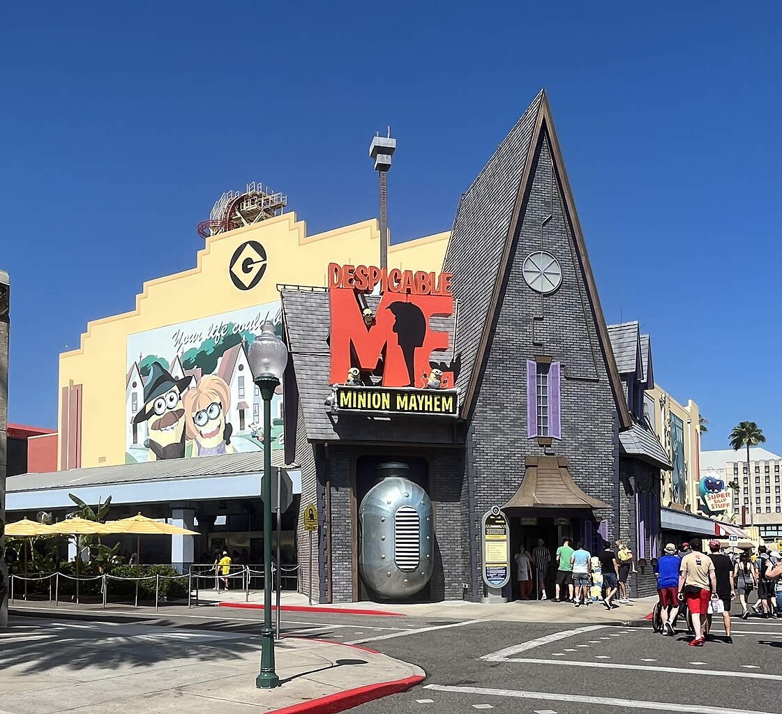 Despicable Me Minion Mayhem ride entrance at Universal Studios Orlando with guests outside